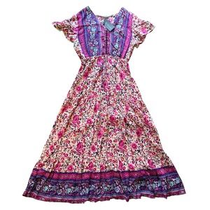 R. Vivimos Womens Boho Floral Maxi Dress Pink Purple Cotton Rayon M NWT